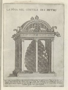 De Pigna te Vaticaanstand La Pina i Cortile di S. Pietro (titel på objekt) Moderne og antikke monumenter og byggerier i Rom (serietitel) Ornamenter af gamle og moderne bygninger i Alma-byen Rom (serietitel)