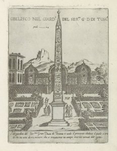 Egyptisk obelisk i haven til Villa Medici i Rom Obelisco nel giard.o del ser.mo G. D. Di Tosc.a (titel på objekt) Moderne og antikke monumenter og bygninger i Rom (serietitel) Ornamenti di fabriche antichi et moderni dell