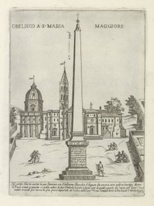 Obelisk for de Santa Maria Maggiore Obelisk i S. Maria Maggiore (titel på objekt) Moderne og antikke monumenter og byggerier i Rom (serietitel) Ornamenter af gamle og moderne bygninger i Alma-byen Rom (serietitel) af Giovanni Maggi