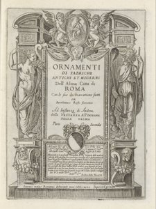 Titeltryk med allegoriske figurer og putti Moderne og antikke monumenter og bygninger i Rom (serietitel) Ornamenti di fabriche antichi et moderni dell