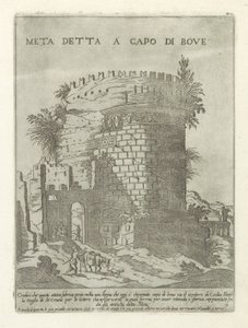 Tombe van Caecilia Metella te Rom Meta sagt i spidsen for oksen (titel på objekt) Moderne og antikke monumenter og byggerier i Rom (serietitel) Ornamenter af gamle og moderne bygninger i Alma-byen Rom (serietitel) af Giovanni Maggi