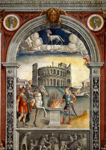Stjernetegn: "" The belier""" På toppen medaljoner med portrætter af Jules Cesar og Augustus. Nedenfor, legende forbundet med fødslen af stjernebilledet svarende til tegnet: Caius Mucius Scaevola, indført i fjendens lejr af etruskisk ki
