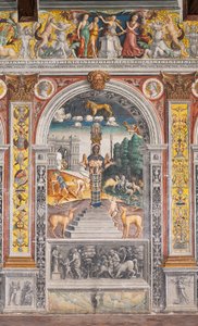 Løvens astrologiske tegn med Diana, to hjorte og en satyr som på en sarkofag i Bleinhaim Palac; i baggrunden Arco degli Argentari i Rom og Hercules kæmper mod Nemean-løven, Zodiackammeret (Camera dello Zodiaco) af Giovanni Maria Falconetto