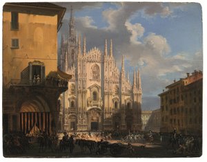 Udsigt over Piazza Duomo med den overdækkede dei Figini og Isolate del Rebecchino, Milano (olie på panel)