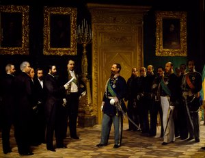 Anneksering af Italien præsenteret for Victor Emmanuel II af toscanske delegerede, af Giovanni Mochi (1829-1892), foreningstiden, Italien