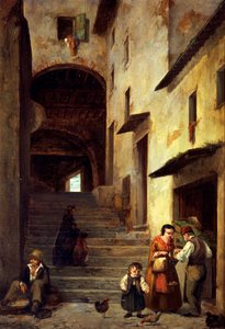 Udsigt over en gade i Sestri Levante, Riviera of Genova, ca 1863, af Giovanni Mochi (1829-1893), olie på lærred, 40x30 cm.