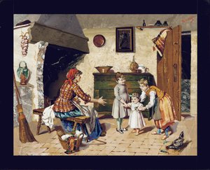 Billedplade, der viser en interiørscene i et sommerhus med mor, to unge piger og et spædbarn, der tager sine første skridt, Firenze, ca. 1900-10 (pietra dura) af Giovanni Montelatici