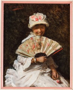 Dame med vifte (olie på lærred) af Giovanni Muzzioli
