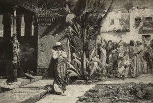 Magdalene, kvinde med turban og procession i mellemøstlig landsby, gravering af brødre Cantagalli fra maleri af Giovanni Muzzioli (1854-1894), Modena, Italien fra L