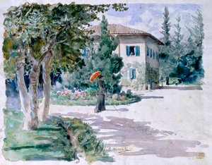 Rød paraply af Giovanni Muzzioli (1854-1894), akvarel på lyst papir, 305x392 mm