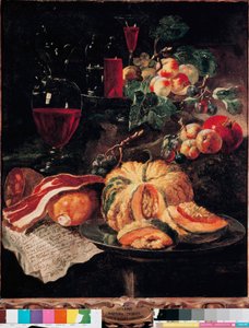 Stilleben Græskar, bacon, skinke, ferskner og vin. Maleri af Giovan Paolo Castelli dit Lo Spadino (1659-1730) 1703 Rom, Museum of the Conservatori capitolini af Giovanni Paolo Castelli