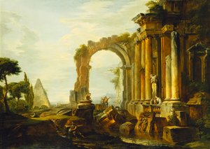 En Capriccio af klassiske ruiner med Cestius-pyramiden og figurer i et landskab, af Giovanni Paolo Pannini