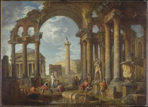 En Capriccio af romerske ruiner med Pantheon, ca. 1755 af Giovanni Paolo Pannini