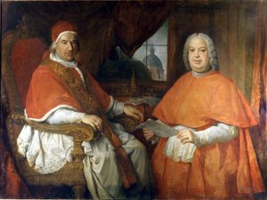 Benedikt XIV og kardinal Silvio Valenti Gonzaga (Gonzague). Maleri af Giovanni Paolo Pannini (Panini). 1700-tallet. Rom, Roms museum af Giovanni Paolo Pannini