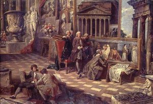 Detalje af interiøret i et imaginært billedgalleri af Giovanni Paolo Pannini