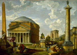 Fantasiudsigt med Pantheon og andre monumenter i det antikke Rom af Giovanni Paolo Pannini