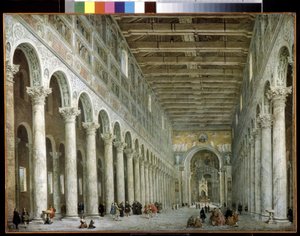 Interiør af Basilica of Saint Paul uden for murene i Rom. Interiør af Basilica of St. Paul uden for murene i Rom. Maleri af Giovanni Paolo Panini (eller Pannini af Giovanni Paolo Pannini