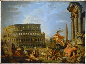 Colosseum og Konstantinsbuen med allegorien om Romerrigets forfald ... (maleri på lærred)