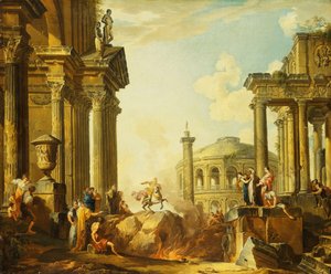 Marcus Curtius springer ind i kløften, en Capriccio med Trajans søjle og andre klassiske bygninger hinsides, af Giovanni Paolo Pannini