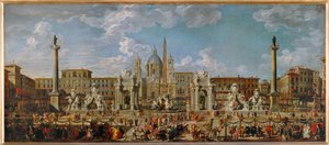 Forberedelser til fyrværkeri og dekorationer til festlighederne på Piazza Navona i Rom den 30. november ...