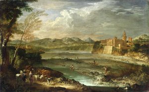 Trebbias dal med slottet Rivalta, ca. 1720 af Giovanni Paolo Pannini