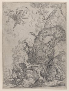 Vulcans smedje med smede, der slår en ambolt med hamre..., 1640-59.