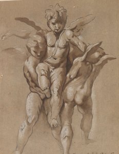 To Putti, der bærer en tredje Putti (recto); En ung med en stab (verso)