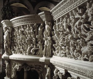 Detalje af stolen realiseret af Giovanni Pisano (1248-1314): Kristusdommeren mellem de udvalgte og de forbandede (Detalje af relieffer af marmorprædikestolen, Kristus mellem udvalgte og fordømte sjæle) 1302-1311 Cathedrale of Pisa (Duomo di Pisa), Italien af Giovanni Pisano