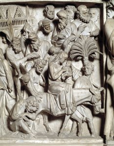 Detalje af relieffer af stolen realiseret af Giovanni Pisano (1248-1314): Detalje af relieffer af marmorprædikestolen, flugt ind i Egypten 1302-1311 Cathedrale de Pisa (Duomo di Pisa), Italien af Giovanni Pisano