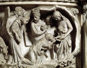 Detalje af relieffer af stolen realiseret af Giovanni Pisano (1248-1314): Detalje af relieffer af marmorprædikestolen, tilbedelsen af magi 1302-1311 Cathedrale of Pisa (Duomo di Pisa), Italien af Giovanni Pisano