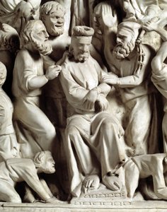 Detalje af relieffer af stolen realiseret af Giovanni Pisano (1248-1314): Detalje af relieffer af marmorprædikestolen, Jesus hånet 1302-1311 Cathedrale of Pisa (Duomo di Pisa), Italien af Giovanni Pisano