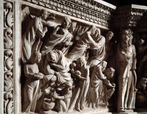 Detalje af relieffer af stolen realiseret af Giovanni Pisano (1248-1314): Bebudelsen, besøget og fødslen af Johannes Døberen (Detaljer af relieffer af marmorprædikestolen, bebudelse, besøg og fødsel af Johannes Døberen) 1302 -1311 Cath af Giovanni Pisano