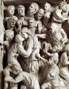 Detalje af relieffer af stolen realiseret af Giovanni Pisano (1248-1314): Judas kys (Detalje af relieffer af marmorprædikestolen, kys af Judas) 1302-1311 Cathedrale of Pisa (Duomo di Pisa), Italien
