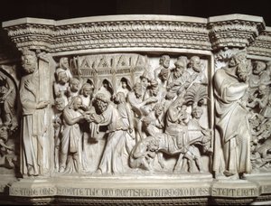 Detalje af relieffer af stolen realiseret af Giovanni Pisano (1248-1314): præsentationen af Jesus ved templet og flugten til Egypten (Detaljer af relieffer af marmorprædikestolen) 1302-1311 Cathedrale of Pisa (Duomo di Pisa) , Italien af Giovanni Pisano