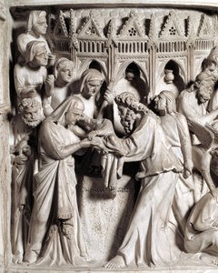 Detalje af reliefferne af stolen realiseret af Giovanni Pisano (1248-1314): præsentationen af Jesus ved templet (Detaljer af relieffer af marmorprædikestolen) 1302-1311 Cathedrale of Pisa (Duomo di Pisa), Italien af Giovanni Pisano