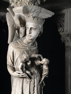 Detalje af de skulpturelle grupper, der støtter stolen, realiseret af Giovanni Pisano (1248-1314): Kirken nærer sine børn (Detaljer af skulpturerne, der understøtter marmorprædikestolen, kirken fodrer hendes børn) 1302-1311 Cathedrale de Pisa (Duomo di Pis af Giovanni Pisano