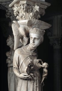 Detalje af de skulpturelle grupper, der støtter stolen, realiseret af Giovanni Pisano (1248-1314): Kirken nærer sine børn (Detalje af skulpturerne, der understøtter marmorprædikestolen, kirken fodrer hendes børn) 1302-1311 Cathedrale de Pisa (Duomo di Pis af Giovanni Pisano