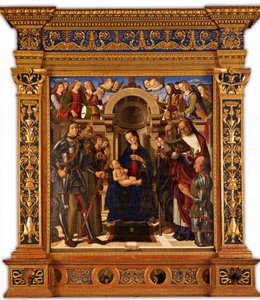 Pala Oliva. Madonna og barn troner mellem de hellige George, Frans af Assisi..., 1489.