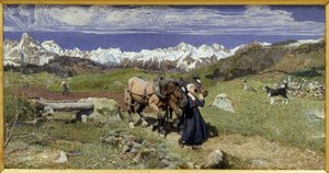 Alpernes bjerge om foråret (1879, Olie på lærred) af Giovanni Segantini