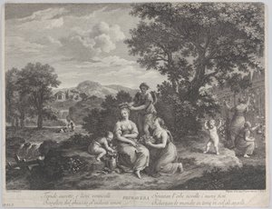 Primavera, en gruppe kvinder, der samler blomster og laver kroner af dem, ca. 1764.