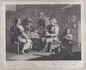 Tre personer sad omkring et bord til venstre, mens en mand medbringer en tom tallerken..., 1760-70. af Giovanni Volpato