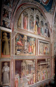 Jomfruens liv: Joachim udvist fra templet, bebudelsen og mødet med Anne, Marias fødsel, præsentationen og ægteskabet (Fresco
