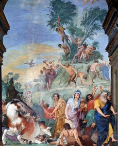 Muserne og digterne jager af Parnassus (muser og digtere fordrevet fra Parnassus) Fresco-detalje af Giovanni da San Giovanni (1592-1636) 1634-1642 Museo degli argenti, Palazzo Pitti, Firenze af Giovanni da San Giovanni