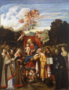Madonna tronet med engle, Skt. Apollonia, Skt. Augustin, Skt. Catherine, Skt. Joseph, Skt. Grata, Skt. Philip Benizzi og Skt. Barbara (St. Gotthard altertavle) af Giovanni de Busi Cariani