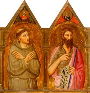 Saint Francis og Johannes Døberen (venstre paneler af triptykon) (tempera og bladguld på panel) af Giovanni del (follower of) Biondo