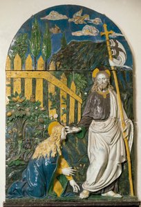 Noli me tangere Jesus Kristus holder et hvidt flag (standard) slået med et rødt kors, og hans aureole er markeret med et kors. Keramiske reliefstrømper af Giovanni della Robbia (1469-1529) Firenze, Museo Nazionale del Bargello