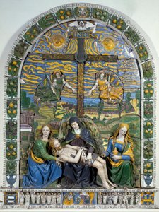 Aflejringen (Pieta) Jesus Kristus og Jomfru Maria omgivet af Sankt Johannes og Sankt Maria Magdalena før korset med inskriptionen INRI (I.N.R.I.). Lavrelief keramik af Giovanni della Robbia (1469-1529) Dim. 3x2,28 m Firenze, Museo Nazionale