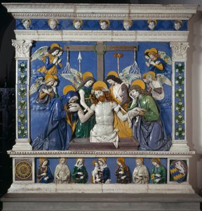 Aflejringen af Jesus i den hellige grav med jomfruen og Johannes-evangelisten Repræsentation af lidenskabens symboler: piske, tornekrone og svamp gennemvædet i eddike (posca). Højrelief keramik af Giovanni della Robbia (1469-1529) omkring 14