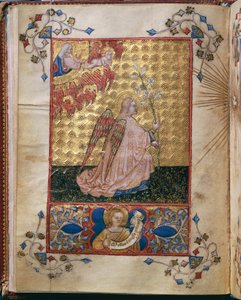 Italien, Bebudelse: Englen med en lilje, miniature af Giovanni di Benedetto da Como, fra Officium Beatae Mariae Virginis af Alberto de Porcelis af Giovanni di Benedetto da Como