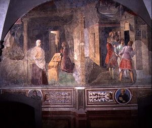 St. Benedict, der reparerer den ødelagte si, detaljer fra freskomaleriet af St. Benedikts liv fra Chiostro degli Aranci (appelsinernes kloster) omkring 1430